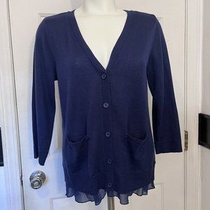 Oh Mg! Womens L Button Up Cardigan Sweater Long Sleeve Navy Blue Ruffle Bottom